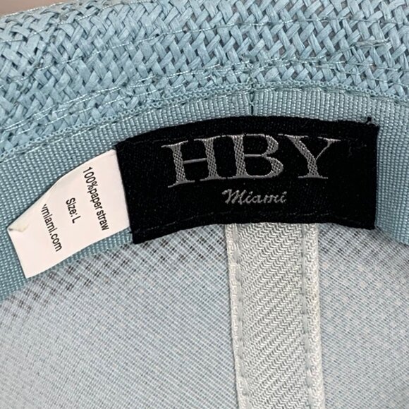 Light Blue HBY Miami Fedora Hat Black Band Womens Size L 100% Paper Straw - Picture 6 of 7